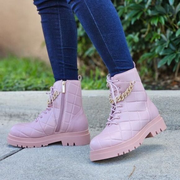 Womens Chunky Block Heel Ankle Combat Boots Pink Color - Picture 2 of 7